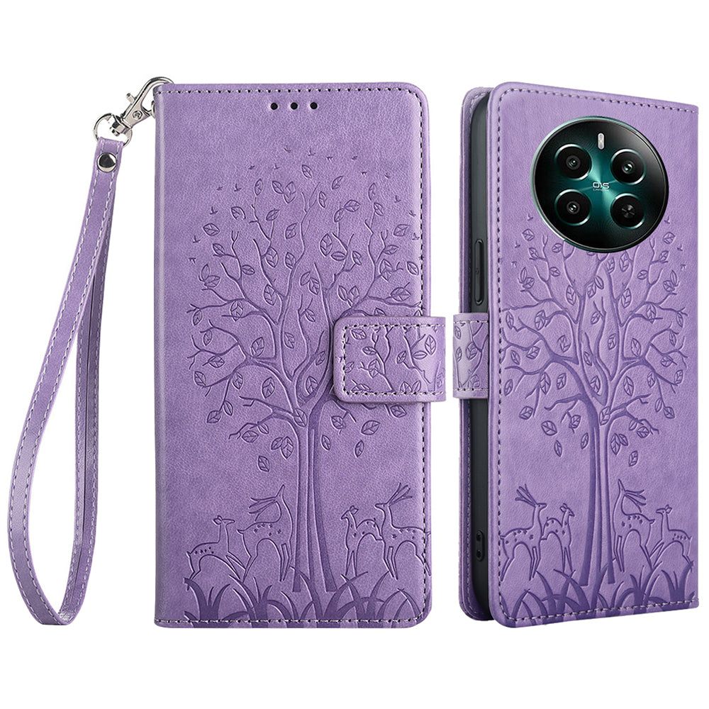 For Realme 12+ 5G Leather Case Tree Imprinted Stand Mobile Phone Cover - Purple