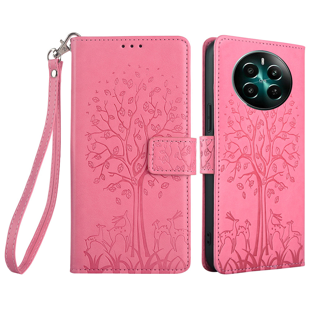 For Realme 12+ 5G Leather Case Tree Imprinted Stand Mobile Phone Cover - Pink