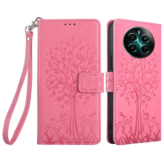 For Realme 12+ 5G Leather Case Tree Imprinted Stand Mobile Phone Cover - Pink