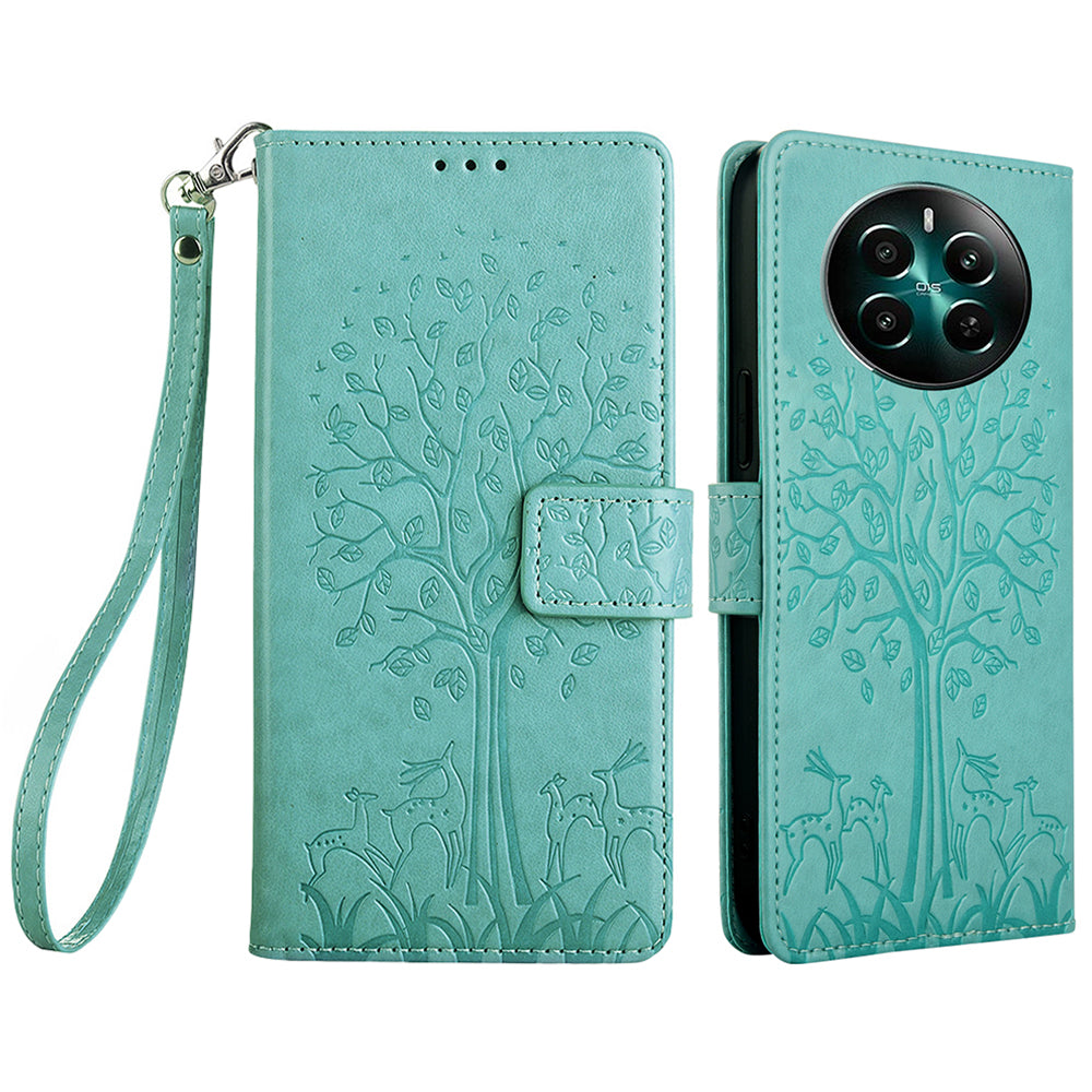 For Realme 12+ 5G Leather Case Tree Imprinted Stand Mobile Phone Cover - Green
