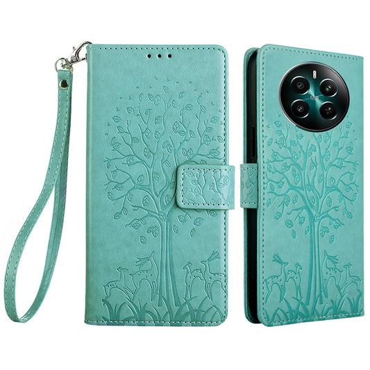 For Realme 12+ 5G Leather Case Tree Imprinted Stand Mobile Phone Cover - Green