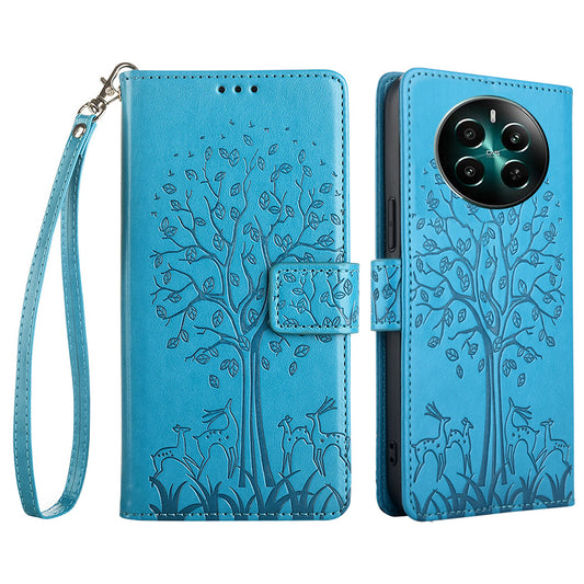 For Realme 12+ 5G Leather Case Tree Imprinted Stand Mobile Phone Cover - Blue