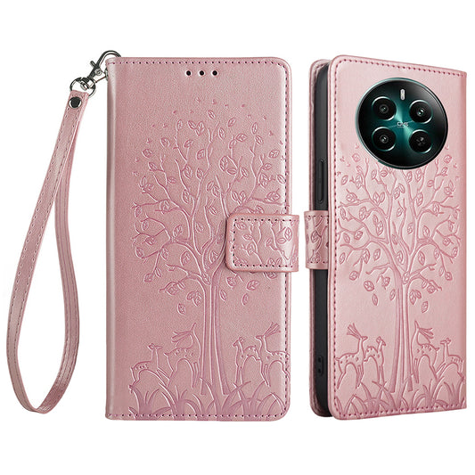 For Realme 12+ 5G Leather Case Tree Imprinted Stand Mobile Phone Cover - Rose Gold
