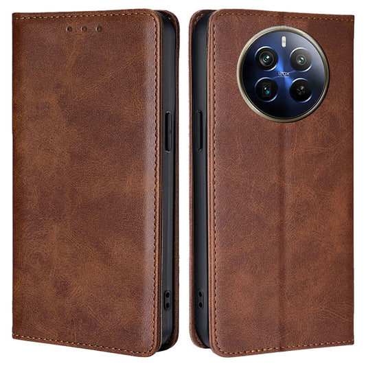 For Realme 12 Pro 5G / 12 Pro+ 5G Leather Case Magnetic Closure Wallet Phone Cover - Brown