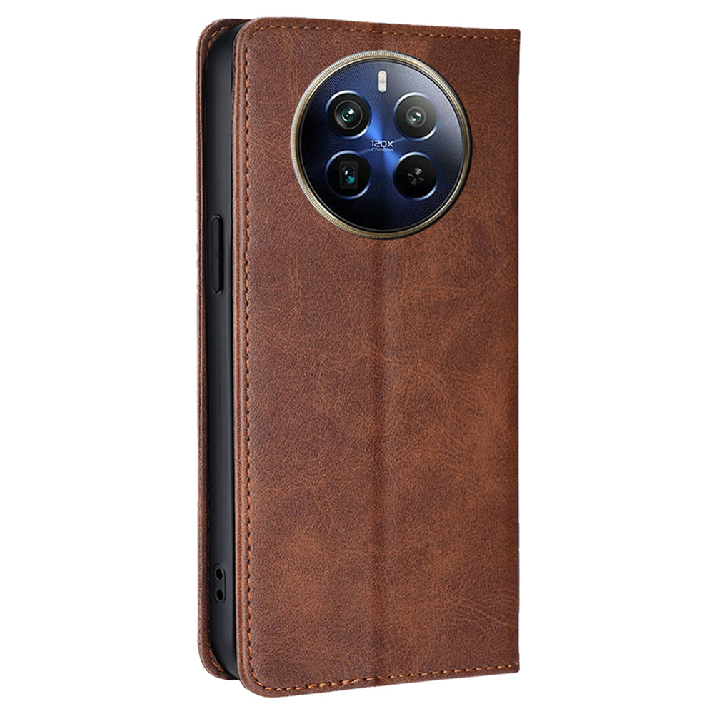 For Realme 12 Pro 5G / 12 Pro+ 5G Leather Case Magnetic Closure Wallet Phone Cover - Brown