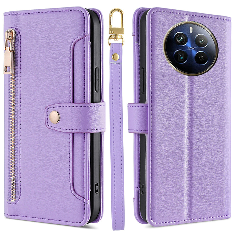 For Realme 12 Pro 5G / 12 Pro+ 5G Cell Phone Cases Zipper Pocket Leather Crossbody Cover - Purple