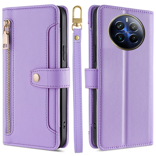 For Realme 12 Pro 5G / 12 Pro+ 5G Cell Phone Cases Zipper Pocket Leather Crossbody Cover - Purple