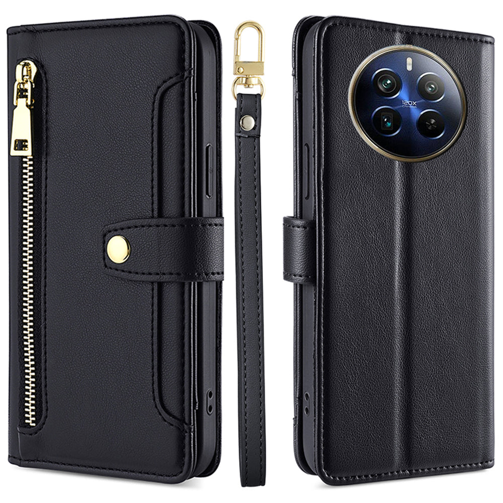 For Realme 12 Pro 5G / 12 Pro+ 5G Cell Phone Cases Zipper Pocket Leather Crossbody Cover - Black