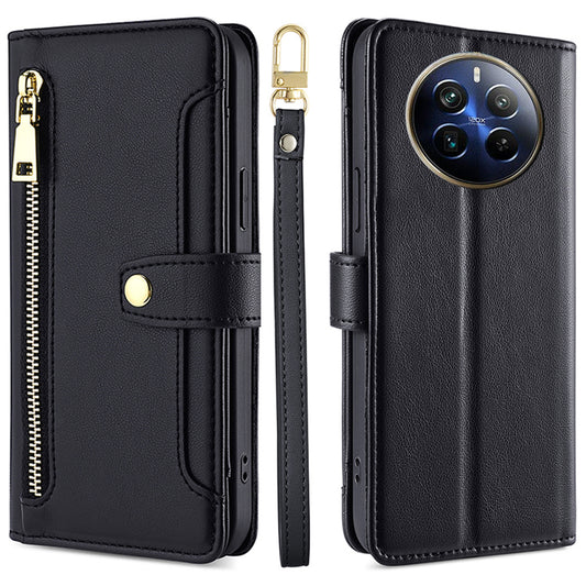 For Realme 12 Pro 5G / 12 Pro+ 5G Cell Phone Cases Zipper Pocket Leather Crossbody Cover - Black