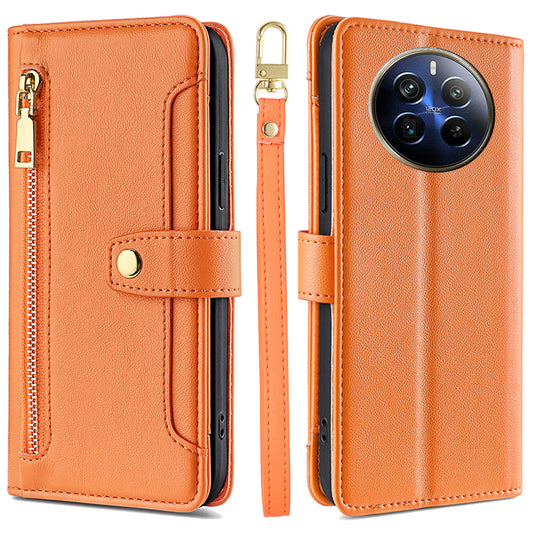 For Realme 12 Pro 5G / 12 Pro+ 5G Cell Phone Cases Zipper Pocket Leather Crossbody Cover - Orange