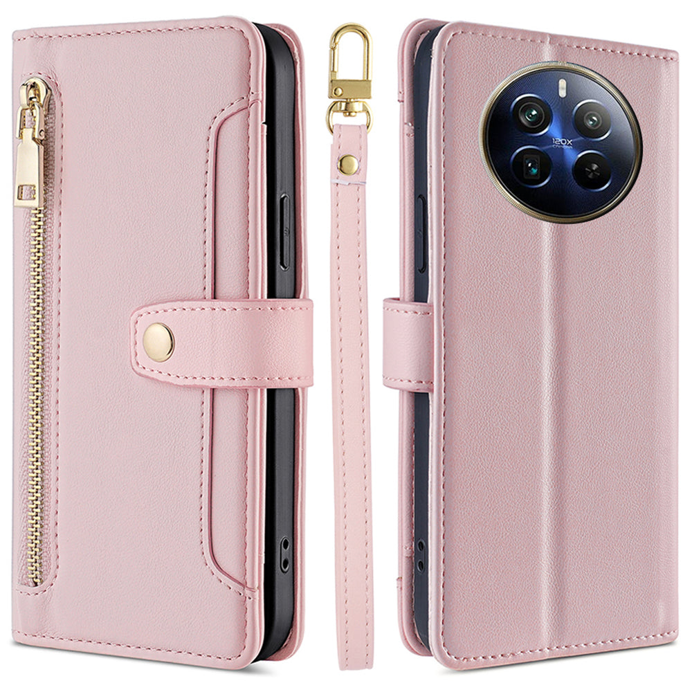 For Realme 12 Pro 5G / 12 Pro+ 5G Cell Phone Cases Zipper Pocket Leather Crossbody Cover - Pink