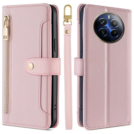 For Realme 12 Pro 5G / 12 Pro+ 5G Cell Phone Cases Zipper Pocket Leather Crossbody Cover - Pink