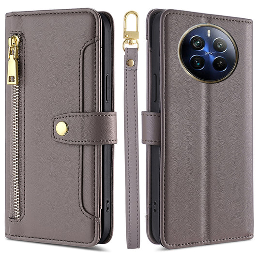 For Realme 12 Pro 5G / 12 Pro+ 5G Cell Phone Cases Zipper Pocket Leather Crossbody Cover - Grey