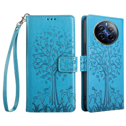 For Realme 12 Pro 5G / 12 Pro+ 5G Leather Case Tree Pattern Wallet Phone Cover - Blue