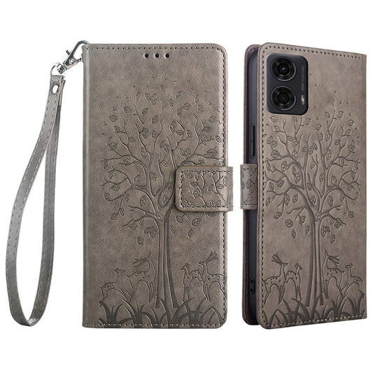 For Motorola Moto G24 4G / G04 4G Case Tree Pattern Leather Phone Wallet Cover - Grey