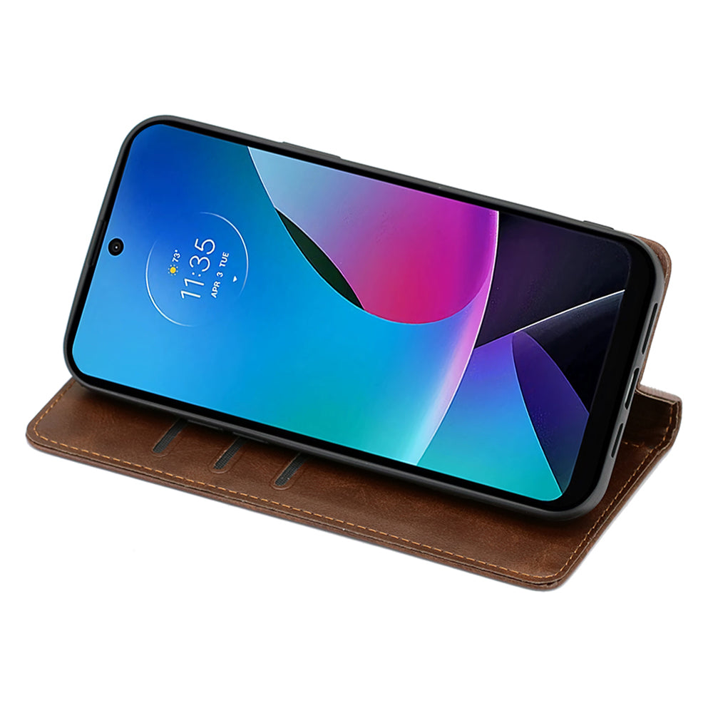 For Motorola Moto G24 4G / G04 4G Wallet Case Magnetic Closure Anti-Drop Leather Phone Cover - Brown