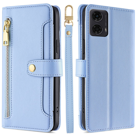 For Motorola Moto G24 4G / G04 4G Leather Case Zipper Wallet Phone Cover with Shoulder Strap - Blue