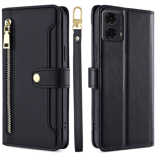 For Motorola Moto G24 4G / G04 4G Leather Case Zipper Wallet Phone Cover with Shoulder Strap - Black