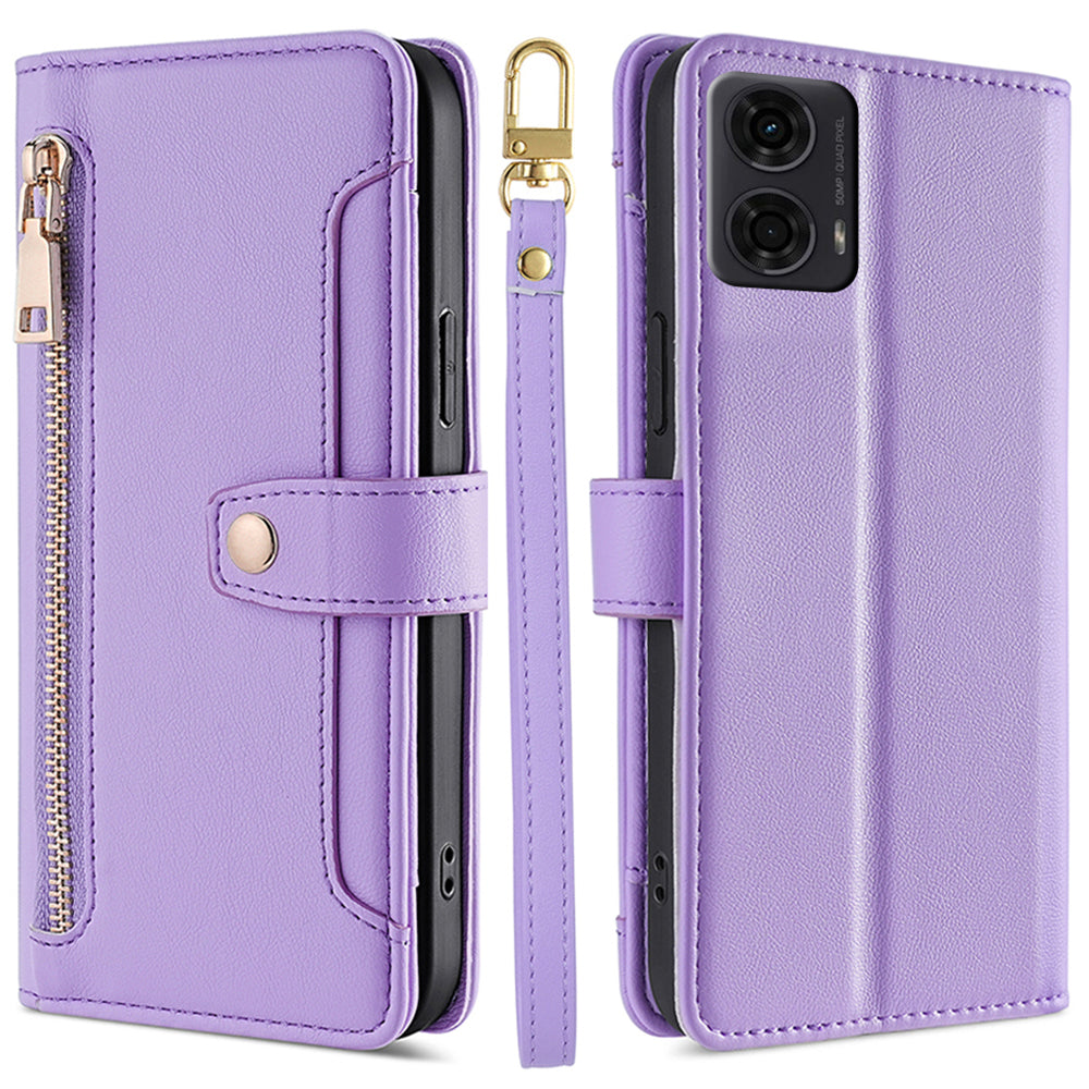 For Motorola Moto G24 4G / G04 4G Leather Case Zipper Wallet Phone Cover with Shoulder Strap - Purple