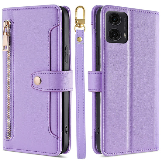 For Motorola Moto G24 4G / G04 4G Leather Case Zipper Wallet Phone Cover with Shoulder Strap - Purple