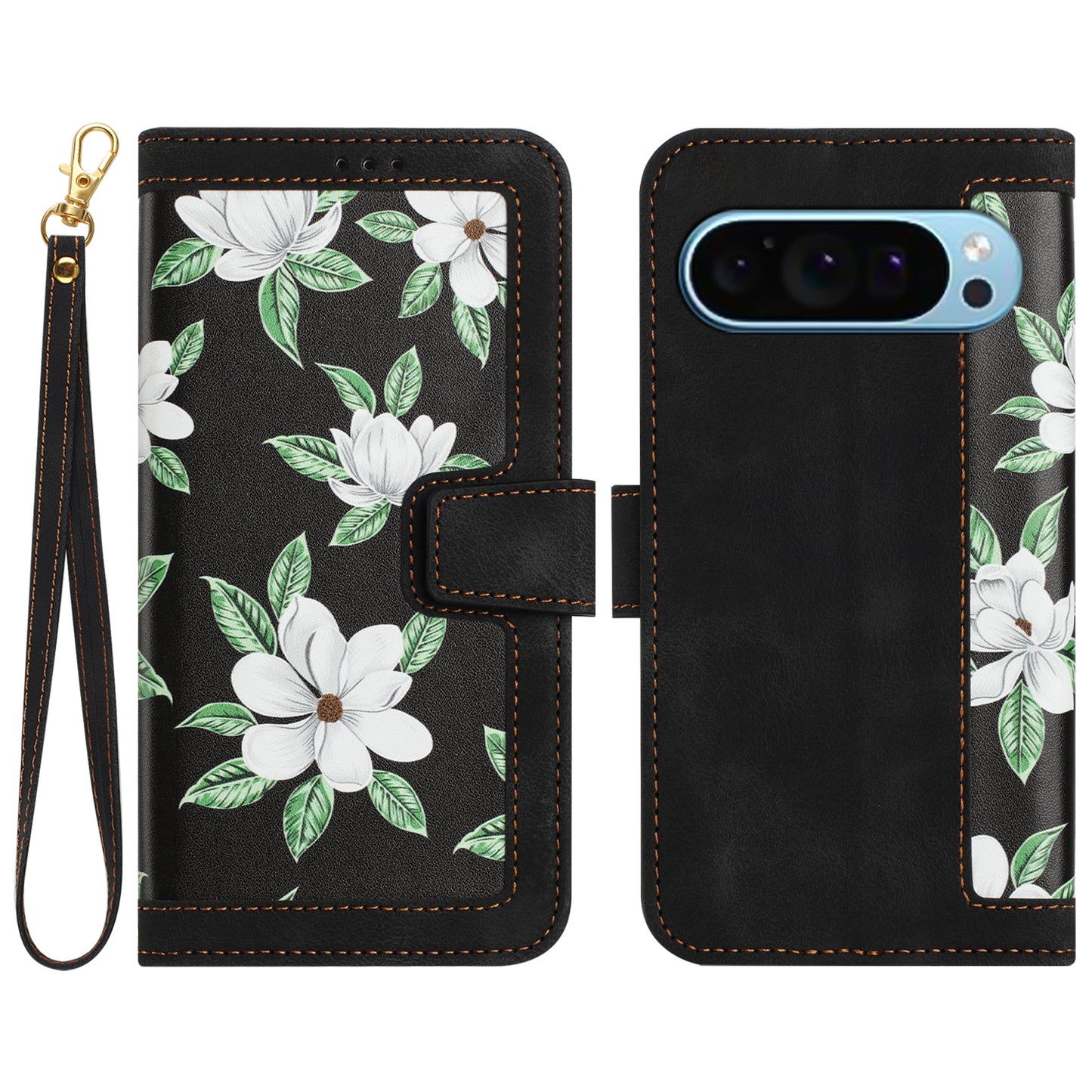 For Google Pixel 9 Phone Cover Flower Pattern PU Leather Case with Card Holder and Stand - Black