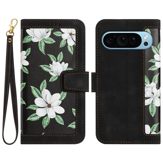 For Google Pixel 9 Phone Cover Flower Pattern PU Leather Case with Card Holder and Stand - Black