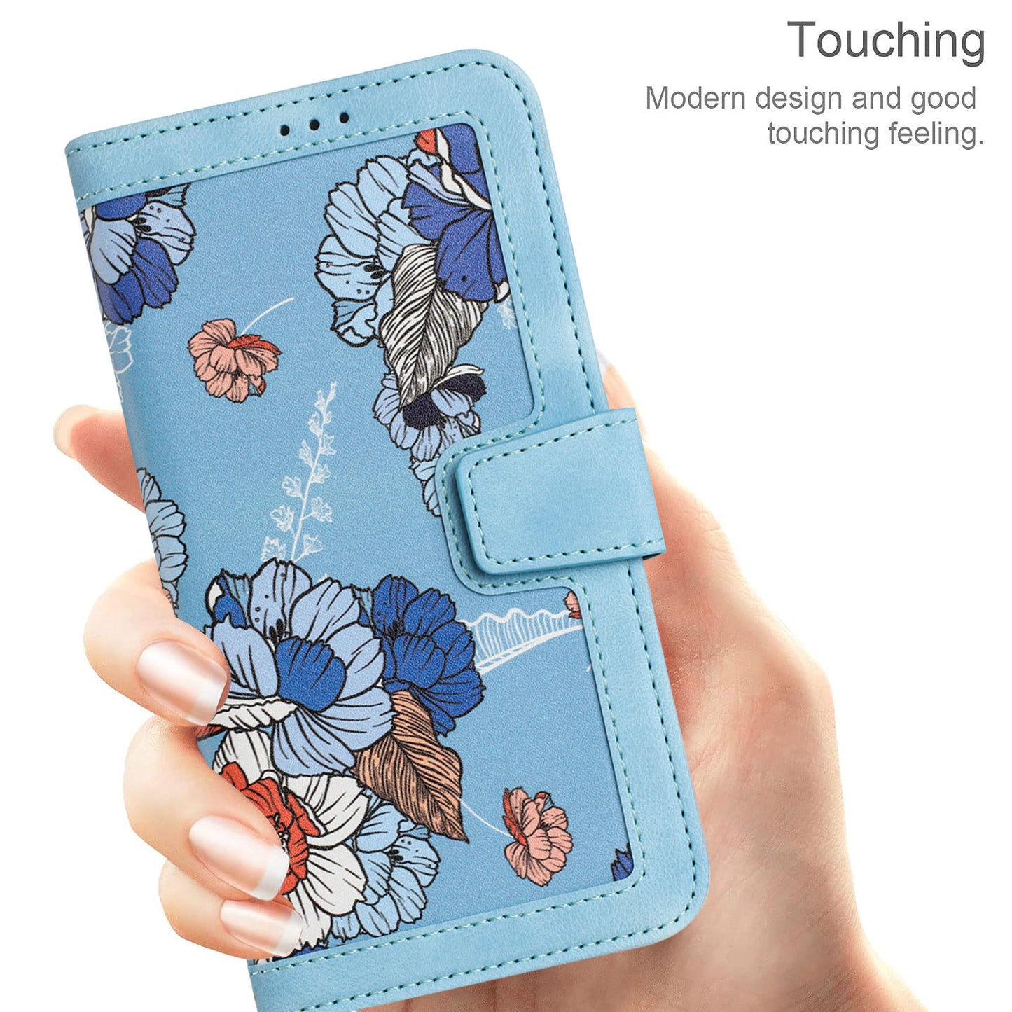 Phone Case for Google Pixel 9 Pro Flower Pattern PU Leather Stand Cover with Card Holder - Baby Blue