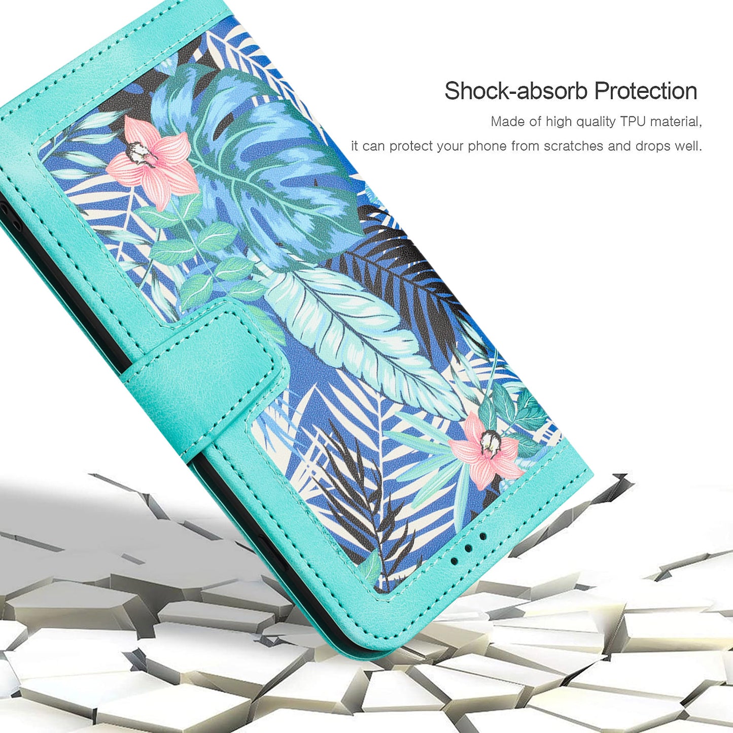 Phone Case for Google Pixel 9 Pro Flower Pattern PU Leather Stand Cover with Card Holder - Green