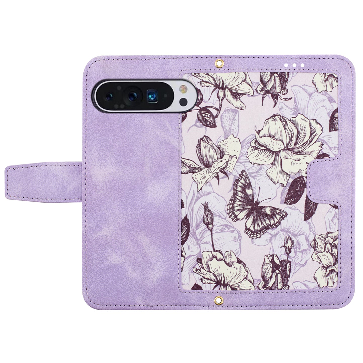 Phone Case for Google Pixel 9 Pro Flower Pattern PU Leather Stand Cover with Card Holder - Light Purple