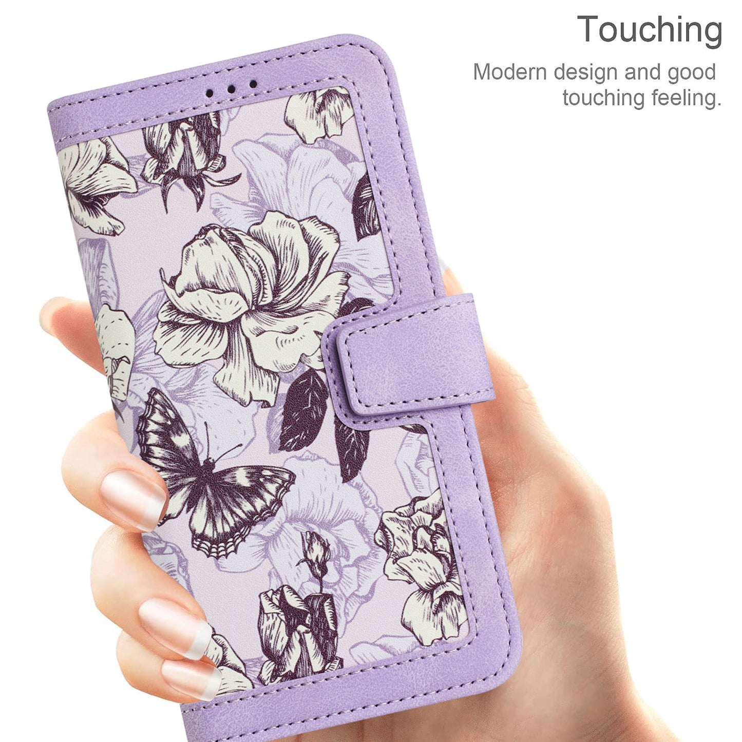 Phone Case for Google Pixel 9 Pro Flower Pattern PU Leather Stand Cover with Card Holder - Light Purple