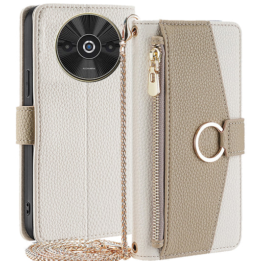 For Xiaomi Redmi A3 / Poco C61 4G Crossbody Lanyard Case Leather Wallet Phone Cover with Makeup Mirror - White