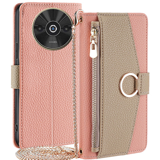 For Xiaomi Redmi A3 / Poco C61 4G Crossbody Lanyard Case Leather Wallet Phone Cover with Makeup Mirror - Pink