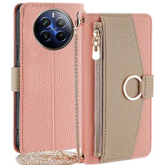 For Realme 12 Pro 5G / 12 Pro+ 5G Case with Lanyard Wallet Zipper Leather Phone Cover - Pink