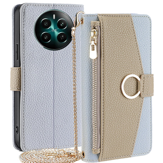 For Realme 12+ 5G Case Mirror Design PU Leather Crossbody Wallet Flip Phone Cover - Blue