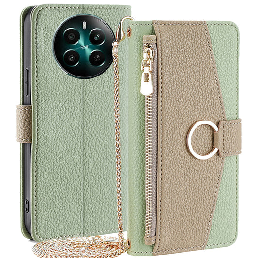 For Realme 12+ 5G Case Mirror Design PU Leather Crossbody Wallet Flip Phone Cover - Green