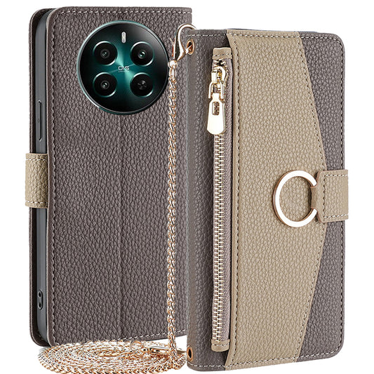 For Realme 12+ 5G Case Mirror Design PU Leather Crossbody Wallet Flip Phone Cover - Grey