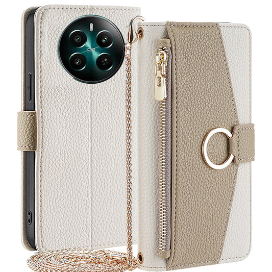 For Realme 12+ 5G Case Mirror Design PU Leather Crossbody Wallet Flip Phone Cover - White