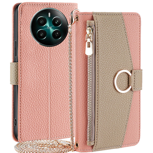 For Realme 12+ 5G Case Mirror Design PU Leather Crossbody Wallet Flip Phone Cover - Pink