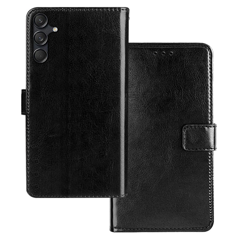 IDEWEI For Samsung Galaxy M55 5G Case PU Leather Folio Stand View Phone Cover Crazy Horse Texture - Black
