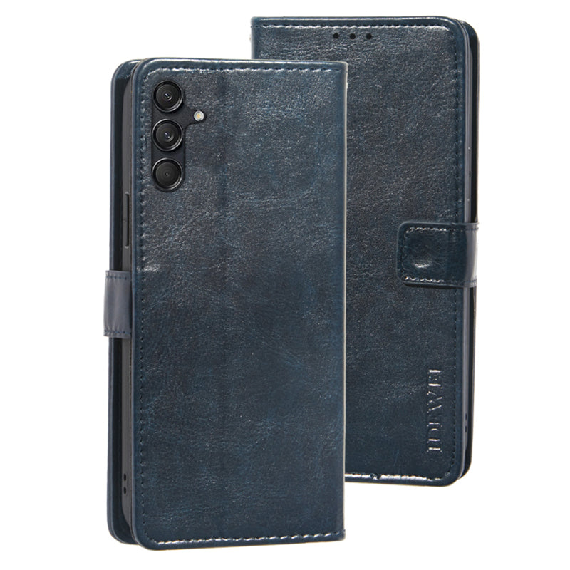 IDEWEI For Samsung Galaxy M55 5G Case Crazy Horse Texture PU Leather Phone Cover Card Holder Stand - Dark Blue