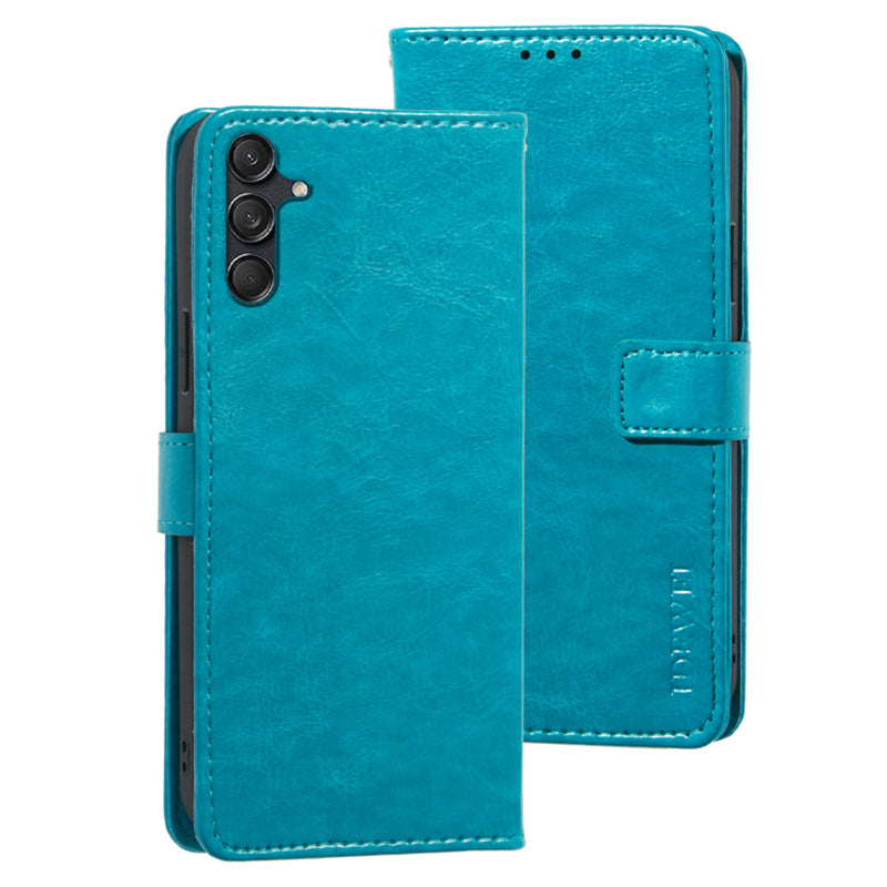 IDEWEI For Samsung Galaxy M55 5G Case Crazy Horse Texture PU Leather Phone Cover Card Holder Stand - Sky Blue