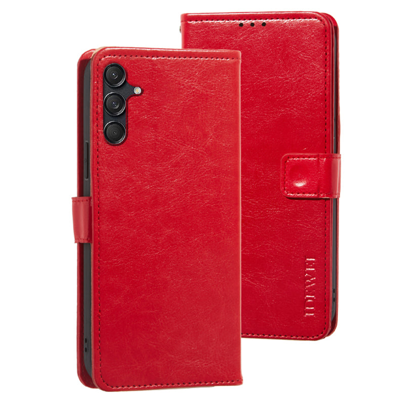 IDEWEI For Samsung Galaxy M55 5G Case Crazy Horse Texture PU Leather Phone Cover Card Holder Stand - Red