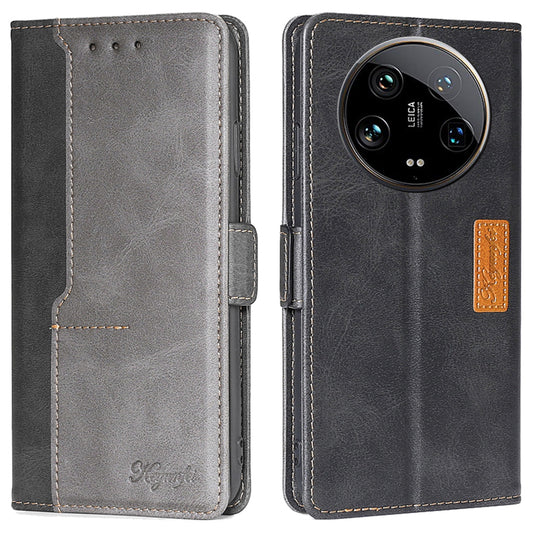 For Xiaomi 14 Ultra Case Dual Color Splicing Leather Flip Wallet Phone Cover - Black+Grey