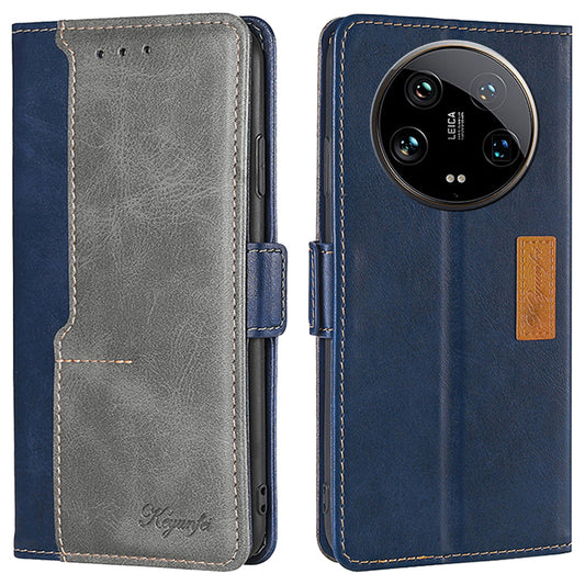 For Xiaomi 14 Ultra Case Dual Color Splicing Leather Flip Wallet Phone Cover - Blue+Grey