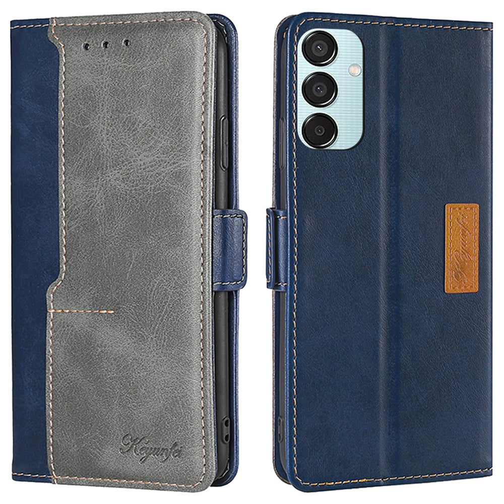 For Samsung Galaxy M15 5G Wholesale Phone Cover Splicing Color Leather Flip Stand Wallet Phone Cover - Blue+Grey