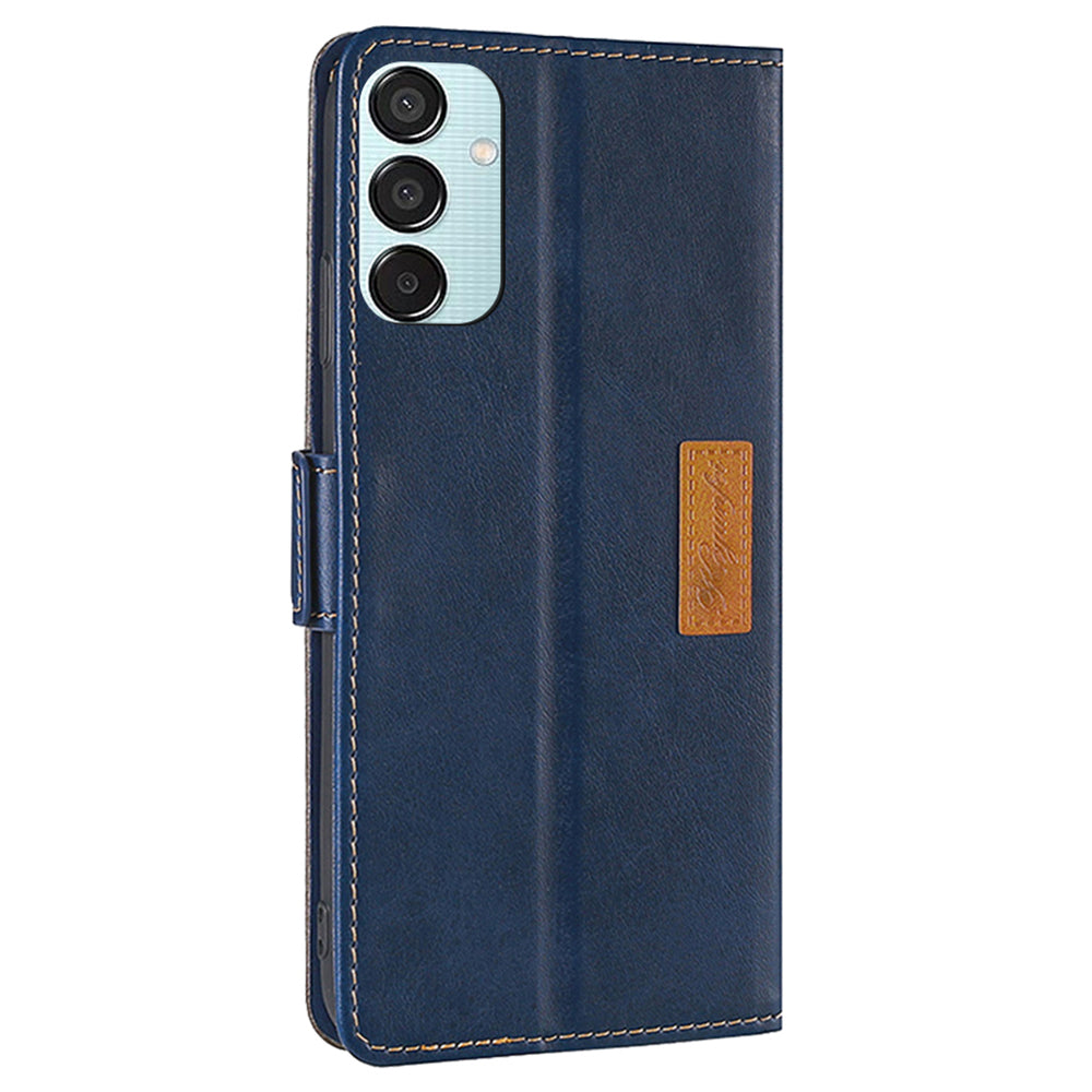 For Samsung Galaxy M15 5G Wholesale Phone Cover Splicing Color Leather Flip Stand Wallet Phone Cover - Blue+Grey