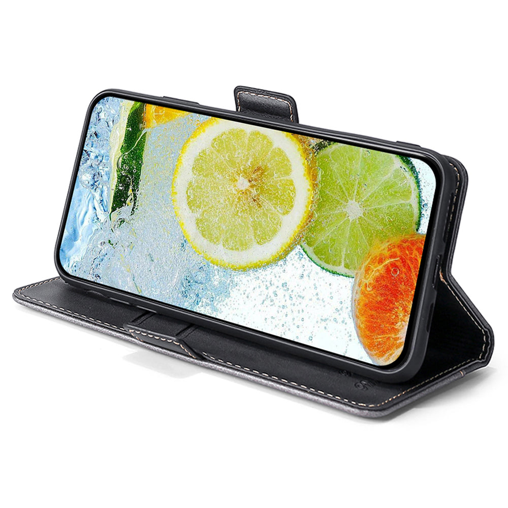 For Samsung Galaxy M15 5G Wholesale Phone Cover Splicing Color Leather Flip Stand Wallet Phone Cover - Black+Grey