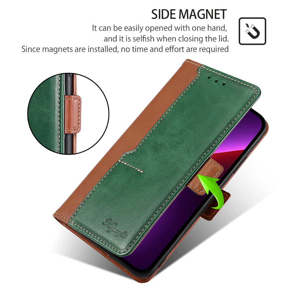 For Samsung Galaxy M15 5G Wholesale Phone Cover Splicing Color Leather Flip Stand Wallet Phone Cover - Light Brown+Green