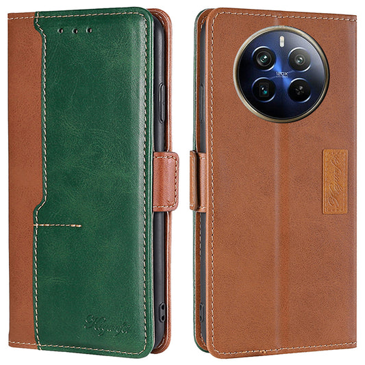 For Realme 12 Pro 5G / 12 Pro+ 5G Case Dual Color Splicing Leather Flip Phone Cover Mobile Accessories Wholesale - Light Brown+Green