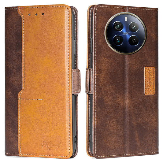 For Realme 12 Pro 5G / 12 Pro+ 5G Case Dual Color Splicing Leather Flip Phone Cover Mobile Accessories Wholesale - Dark Brown+Gold